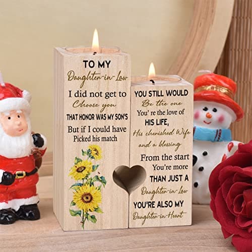 to My Daughter-in-Law from The Start You're More Than JUST A Daughter-in-Law You're Also My Daughter-in-Heart Personalized Wooden Candle Holder for Couple Birthday Candle Decoration B09N3J7HYY