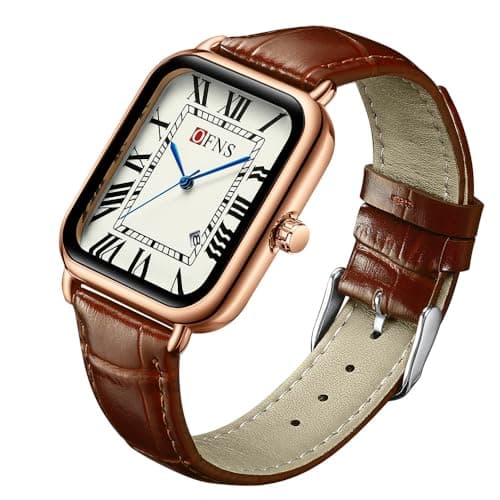 CARLIEN Mens Vintage Dainty Rectangle Square Leather Strap Simple Full Roman Numerals Dial Quartz Watch Gold Silver Tone Case Business Fashion Dress Wristwatch