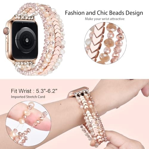 MOFREE Beaded Bracelet Compatible with Apple Watch Band 38mm/40mm/41mm/42mm, Fashion Elastic Stretch Women Bands for iWatch Series 11/10/9/8/7/SE/6/5/4/3/2/1 iPhone Watch Strap Bands Rose Gold