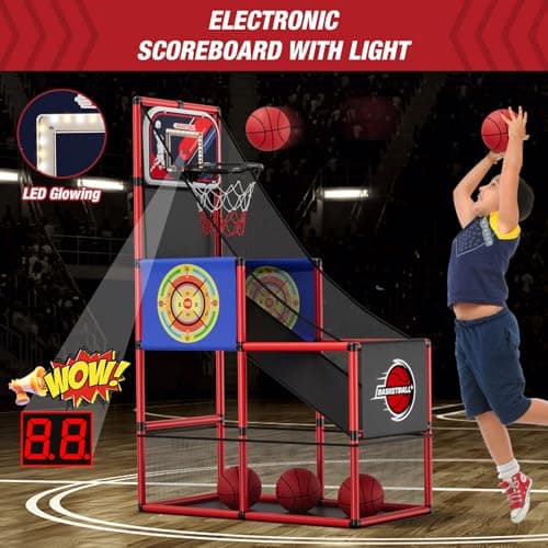 HYES Basketball Arcade Game Indoor Outdoor, Kids Basketball Hoop with 4 Balls & Pump, Single Shot Basketball Game at Home, Carnival Games Sport Toys for Boys Girls Teens