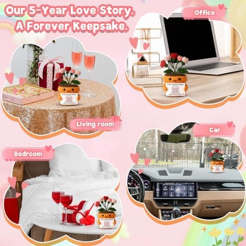 MAMAGIFTREE 5th Anniversary Wedding Gift for Couple - Handmade Crochet Heart Flower Plush with Romantic Message - Five Years Down Forever to Go Keepsake for Wife, Husband, Boyfriend, Girlfriend