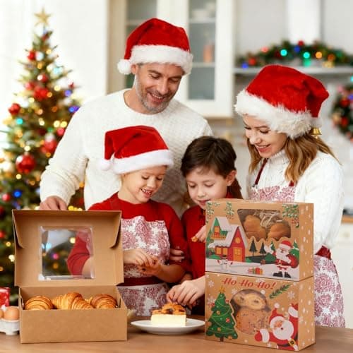 24 Pack Christmas Cookie Boxes - 8.25"x6"x2.75" Brown Kraft Bakery Box with Window for Holiday Treats, Gift Exchange Box for Baked Goods, Cookie Tins with Lids for Gift Giving