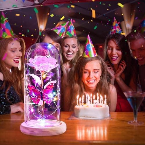 Beferr Christmas Rose Gifts for Women Mom Birthday Gifts, Galaxy Glass Rose Forever Preserved Flowers for Delivery Prime Light Up Rose in Glass Dome with Butterfly Xmas Gifts for Grandma Her Wife