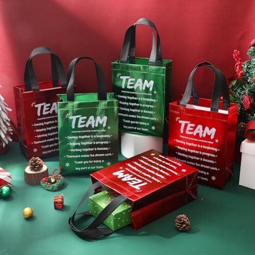 SilTriangle 30 Pcs Christmas Team Appreciation Gift Bags Bulk Xmas Green Red Bags with Handle 7.87 x 10.23 x 3.93 Inch Reusable Totes for Employees Coworker Staff Christmas Party Favors Supplies