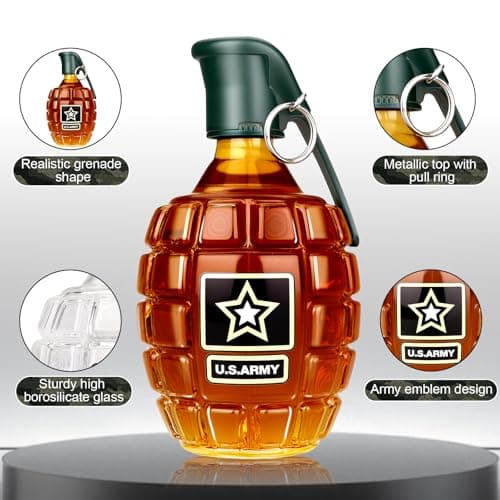 Military Hand Grenade Whiskey Bottle, 300ml Engraved Glass Hand-Grenade Shape Bottle, Leakproof Whiskey Decanter for Men Military Lovers Veteran Gifts