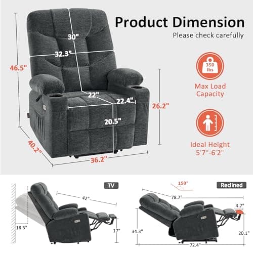 MCombo Power Lift Recliner Chair with Extended Footrest for Elderly People, Fabric 7283 (Dark Gray, Large)