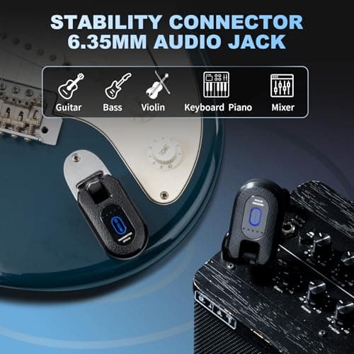 EX GEAR High-Grade Wireless Guitar System 2.4GHz Wireless Guitar Transmitter Receiver Rechargeable, 4 Signal Channel, 235° Rotating Plug, 50m Range for Bass Guitar Electric Instruments