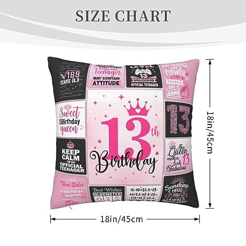13th Birthday Gifts for Girls, 13 Year Old Girl Birthday Gift Ideas, 13 Yr Old Girl Presents Decorations for Girls Throw Pillow Covers 18x18 Inch