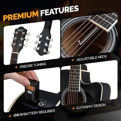 GLARRY Full Size 6 Strings Acoustic Electric Guitar Beginner Kit w/ 15W Amp, Cutaway 41 Inch Electric Acoustic Guitar w/Inbuilt Tuner, Bag, Strap, Picks, Strings, Basswood Guitarra, Distressed Black
