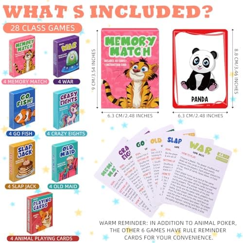 Zubebe 28 Pack Kids Card Games Gifts Bulk Classic Playing Card Game Set for Kids Includes Go Fish, Old Maid, Crazy Eights, Memory Match, Slap Jack, Playing Toy for Party Favors (Classic)