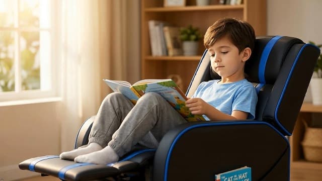 Costzon Kids Recliner, Gaming Recliner Chair w/Side Pockets, Footrest, Headrest & Lumbar Support for Kids Room & Play Room, Adjustable Racing Style Leather Sofa for Children Boys Girls (Blue, Black)