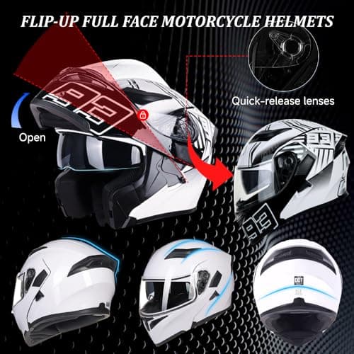 Bluetooth Motorcycle Helmets DOT Approved, Flip-Up Full Face Modular Helmet with Dual Visors, Noise Cancelling Dual Speakers for Adults