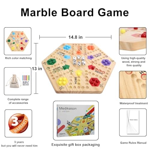 Original Marble Game Wahoo Board Game Double Sided Painted Wooden Fast Track Board Game for 6 and 4 Players 6 Colors 24 Marbles 6 Dice for Family Friends