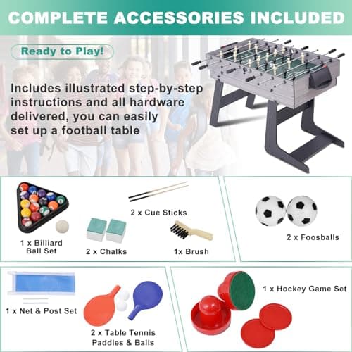 RAYKEEP Foldable Multi Game Table, 4-in-1 Combo Game Table Set with Ping Pong, Hockey, Pool Billiards and Foosball for Adults, Home, Game Room, Friends & Family