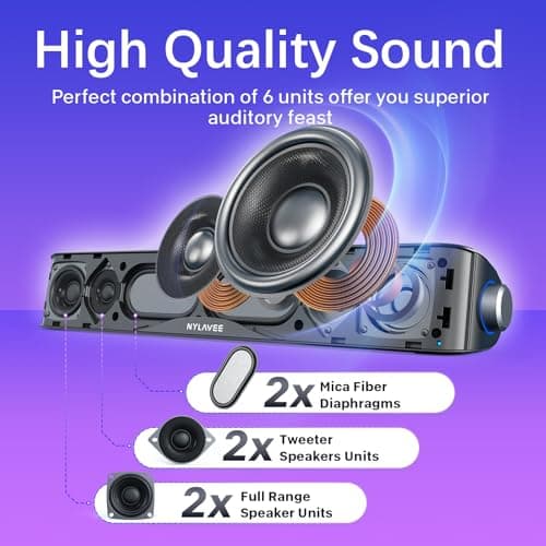 Nylavee Computer Speakers, Hi-Fi Stereo Computer Sound Bar with Bluetooth & 3.5mm Aux, USB/USB-C Powered for Desktop PC, Laptop & Monitor, Built-in Mic and Headphone Jack