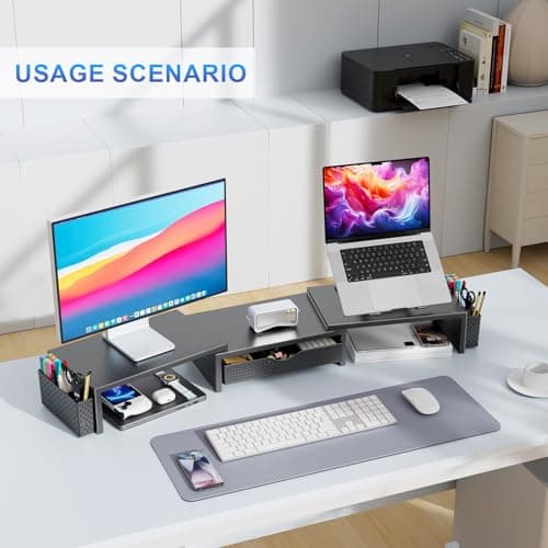 gianotter Dual Monitor Stand Riser, Desk Organizer With Drawer and 2 Pen Holders, Computer Monitor Stand, Desk Shelf for Top of Desk (Black)