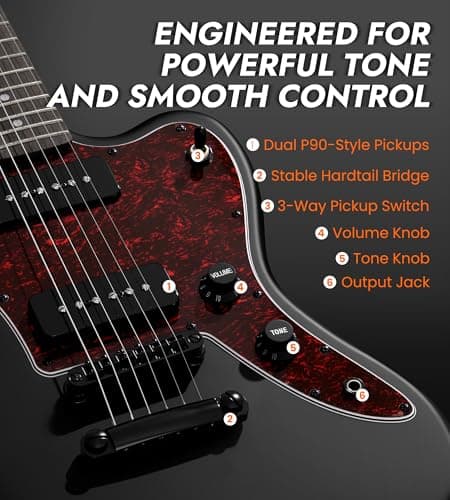 Tostar Electric Guitar: P90 Pickups, TOM Bridge & Smoked Matte Finish, 3-Way Switch, 39" Solid Body Electric Guitar for Intermediate Players, Guitarra Eléctrica Kit, Musical Birthday Gifts, Black