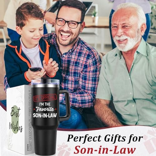 Lifecapido Son in Law Gifts, Favorite SON-IN-LAW 40oz Tumbler with Handle, Birthday Fathers Day Christmas Engagement Wedding Gifts for Son in Law from Mom in Law Dad in Law, Black