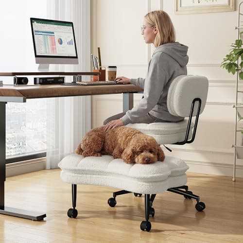 DurayLoly Ergonomic Cross Legged Chair 360° Swivel Meditation Chair with Wheels, Height Adjustable Seat for ADHD, Strong Lumbar Support,Home Office Furniture, Teddy Fabric,White