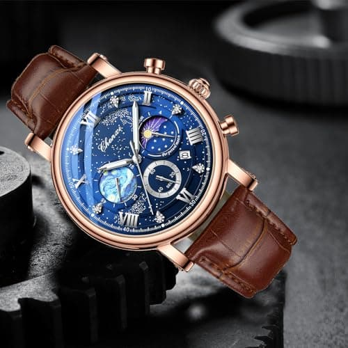 FANMIS Men's Classic Multifunctional Military Sports Analog Watch Business Dress Waterproof Luminous Chronograph Starry Sky Moon Phase Leather Wristwatch