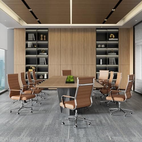 Okeysen Office Desk Chair, Ergonomic Leather Modern Conference Room Chairs, Executive Ribbed Height Adjustable Swivel Rolling Chair for Home Office. (Brown)