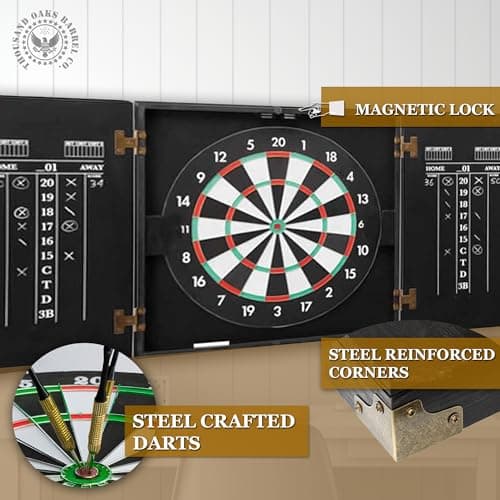 Personalized Dart Board Cabinet Set with 6 Steel Tip Darts, Paper Dartboard, Chalk & Eraser (21.5 x 21.5 x 2.75) - Man Cave Dart Boards for Adults