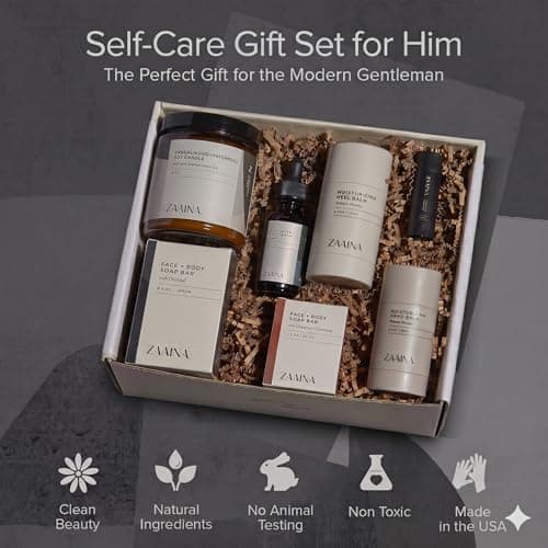 Natural self-care gift box with handcrafted grooming essentials to help him relax, recharge, and look his best. ZAAINA Men's Self Care Gift Box | Relaxation Grooming Gift Set B0CS2T3955