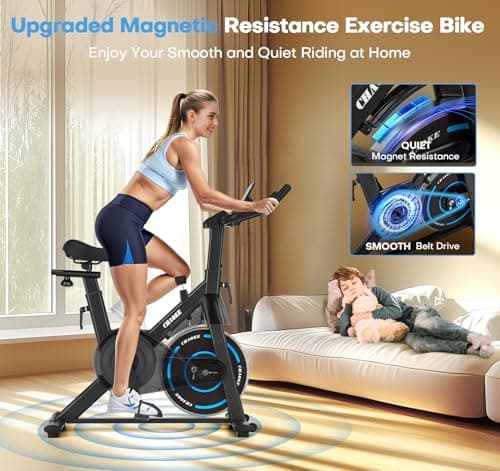 CHAOKE Exercise Bike, Quiet Adjustable Magnetic Stationary Bike for Home Cardio with App Compatible, 350LB Weight Capacity Indoor Cycling Bike with Large Seat, Dumbbell Rack, Pull Cords & LCD Display