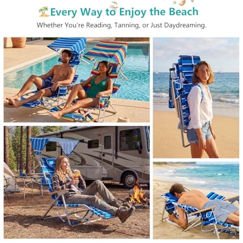 Oversized Beach Chair for Adults,5 Position Adjustable Tanning Chair with Sun Canopy,Folding Reclining Lounge Chir with Face Holes,Backpack Portable for Patio Pool Camping (Blue-White,Medium)