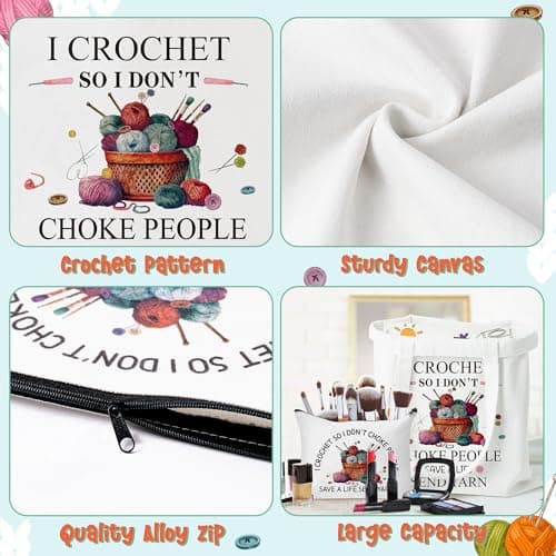 Y1tvei Crochet Canvas Tote Bag - 2Pcs Cosmetic Pouch Tote Bag Reusable Grocery Folding Shopping Bag for Crocheters Women