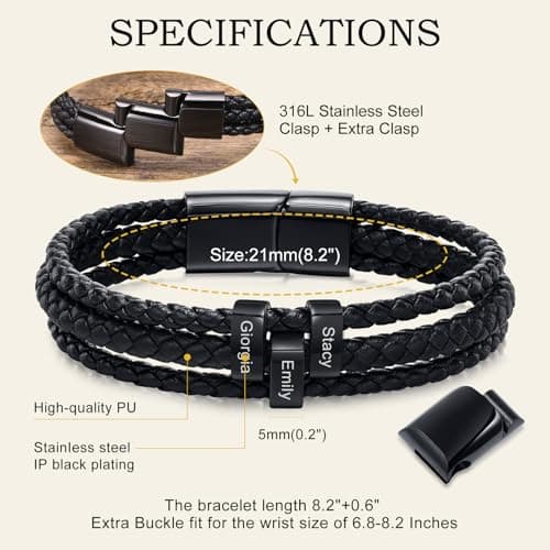 VNOX Fathers Day Gift for Dad Personalized Name Bracelet for Men Braided Leather Bracelets with Names Custom Beads Dad Bracelet for Husband Father,Personalized Gifts from Daughter Wife Son Kids B0CNGWVGGH