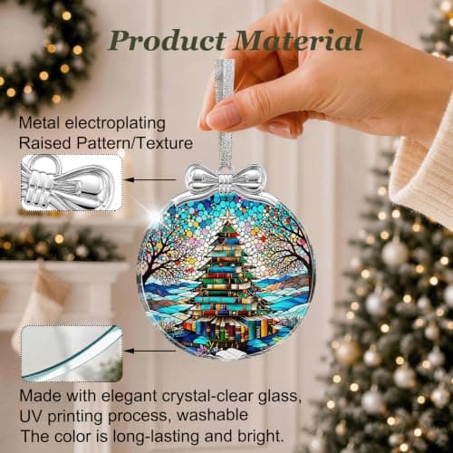 Hanging Ornament for Christmas Tree Decorations- Holiday Keepsake Present Exchange Idea Book Tree Christmas Ornament Unique 2026, Book Lover Gift Glass B0FJMNWGJ9