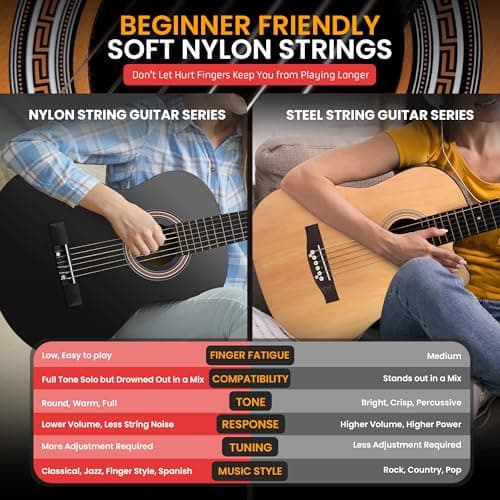 Pyle Beginner Acoustic Guitar Kit, 3/4 Junior Size All Wood Instrument with Full Accessory Kit, Picks, Shoulder Strap, Carry Case, Cleaning Cloth, Tuner App, 2 Month Lessons, 36” (Black Gloss)