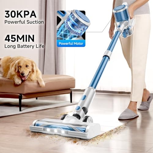 BSNAW Cordless Vacuum Cleaner for Home - Lightweight, Stick Vacuum Clean with Rechargeable Battery, Max 45Mins Runtime, 8 in 1 Handheld Vacuum for Hardfloor & Carpets Pet Hair, Blue&White
