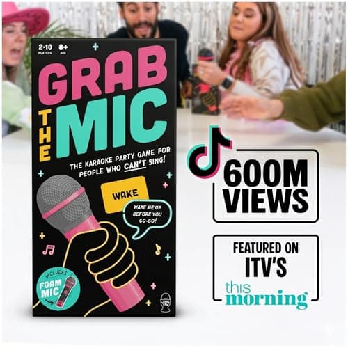 Lucky Egg Official Grab The Mic – Family Karaoke Board Game w/Foam Mic, 8+ Ages, 2-10 Players - Games for Bad Singers w/ 230 Lyrics (115 Cards)
