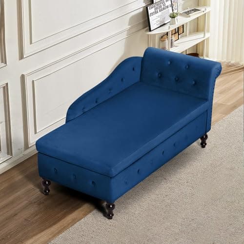 Upholstered Chaise Lounge with Right Armrest & Lumbar Pillow,Button Tufted Lounge Sofa with Storage,Lounge Chair Indoor,Modern Velvet Lounge Chair for Bedroom, Living Room and Office,Blue