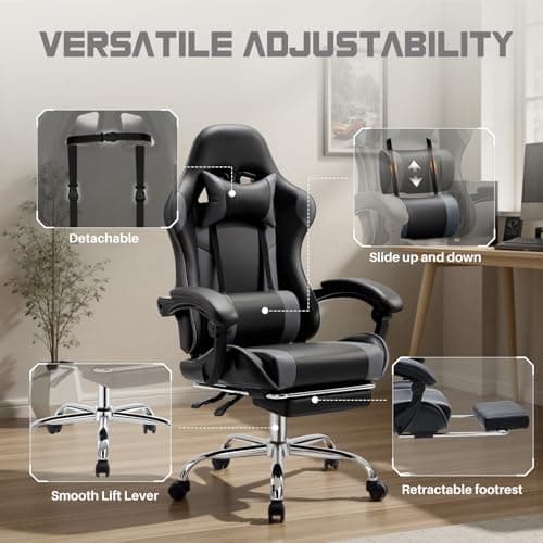 DUMOS Ergonomic Gaming Office Desk Chair with Footrest and Headrest for Adults, PU Leather Video Computer Chair with Linkage Armrests, Height Adjustable 360° Swivel Recling Chair, Black Grey