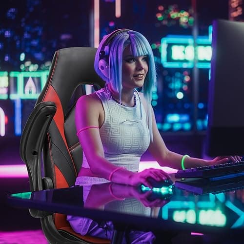 Sweetcrispy Computer Gaming Chair - PU Leather Ergonomic Lumbar Support with Flip-up Armrest and 360° Swivel Wheels, Height Adjustable Task Home Office Desk Video Racing, Red