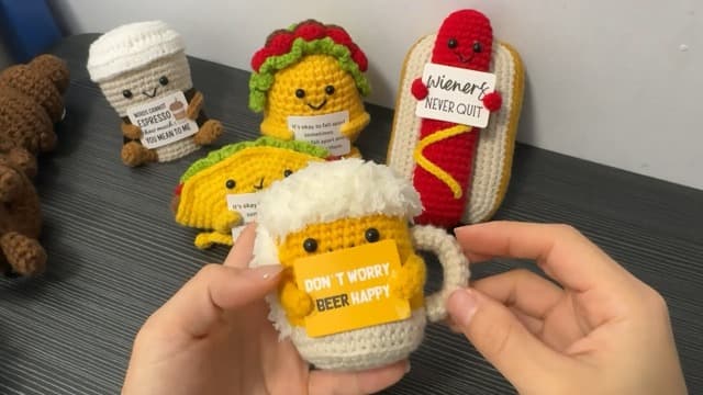 A AIFAMYFunny Positive Coffee, Emotional Crochet Doll, Cute Crochet Potato Partner Toy with Positive Card Cheer Up Funny Gag Gifts for Best Friend Birthday Women Teacher Fall(Beer