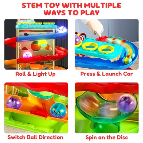 Hammer Rolling Ball, Launch and Race Car-Cause and Effect Sensory STEM Learning Toys for 1-5 Year Old Boys & Girls 2-in-1 Ball Drop & Car Ramp Race Track Montessori Toy for Toddlers Ages 1-5 B0FLDB14N8