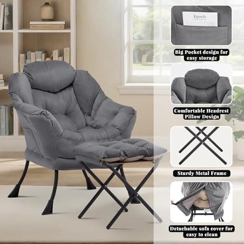 Lazy Chair with Ottoman, Comfy Accent Lounge Chair with Side Pocket, Modern Reading Armchair with Footrest, Upholstered Sofa Chair for Small Spaces, Bedroom, Living Room, Dorm, Darkgrey