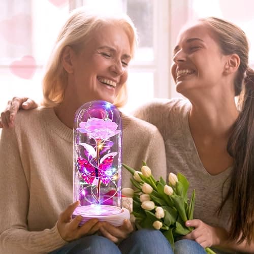Beferr Christmas Rose Gifts for Women Mom Birthday Gifts, Galaxy Glass Rose Forever Preserved Flowers for Delivery Prime Light Up Rose in Glass Dome with Butterfly Xmas Gifts for Grandma Her Wife