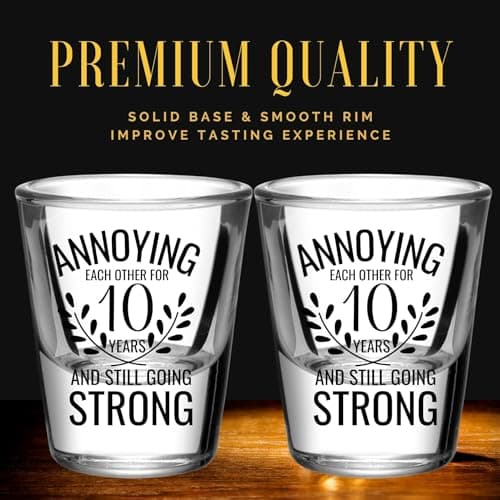 Onebttl Anniversary Cups for Couples, 10 Years Anniversary Funny Gifts for Boyfriend Girlfriend, 1.5 oz (45 ml) Shot Glasses Set of 2 - Annoying Each Other But Still Strong, Transparent