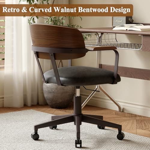 Mid-Century Modern Desk Chair with Walnut Bentwood Design,Retro Home Office Chair with Adjustable Height,360°Swivel,Smooth Rolling Casters,Small Computer Chair PU Leather (Black)
