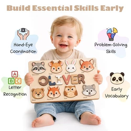 Personalized Name Puzzle for Toddlers 1-3 | Custom Wooden Baby Girl Gift with 48 Animal Art Sets | 1st Birthday Gift for Girls | Personalized Baby Boy & Girl Gifts Keepsake B0GSZSCM69