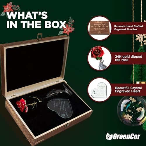 Anniversary for Wife Engraved Wooden Gift Set 'To My Beautiful Wife' Includes Crystal Engraved Heart 24K Gold Dipped Rose for Birthday Gifts