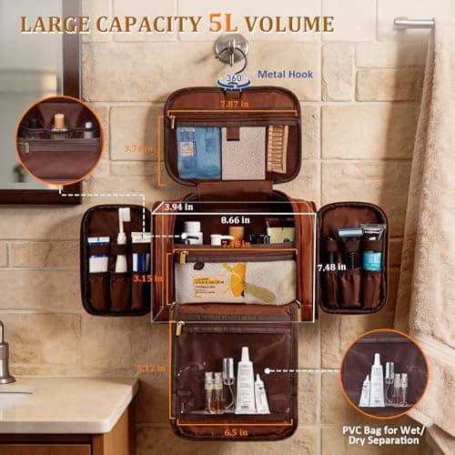 Large Hanging Leather Dopp Kit Engraved Monogram Brown Waterproof Bathroom Shaving Grooming Accessory|Luxury Unique Male Gift Personalized Gifts for Men Dad Father Birthday Toiletry Travel Bag J B0GL21B7QQ