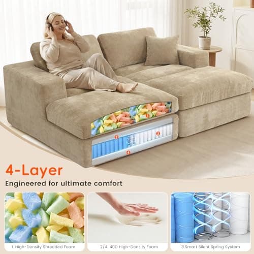 80.7" Oversized Double Chaise Lounge Chair Indoor, Cloud Boneless Sleeper Sofa Bed with 4 Pillows, Extra Deep Seat Cozy Loveseat Couch for Living Room Bedroom, No Assembly Required (Khaki)