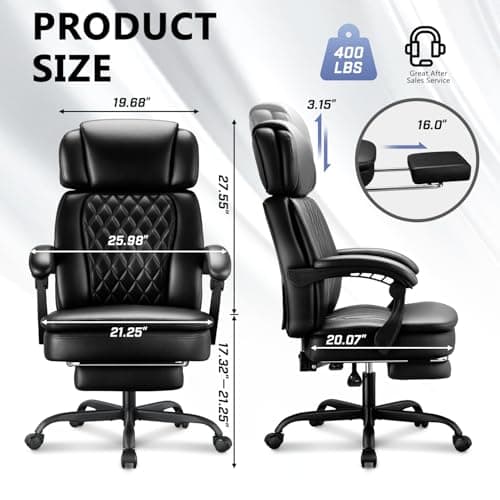 400lbs Executive Office Chair with Foot Rest for Heavy People, Ergonomic Big and Tall Desk Chair with Adjustable Headrest, High Back PU Leather Comfy Heavy Duty Computer Chair with Spring Cushion