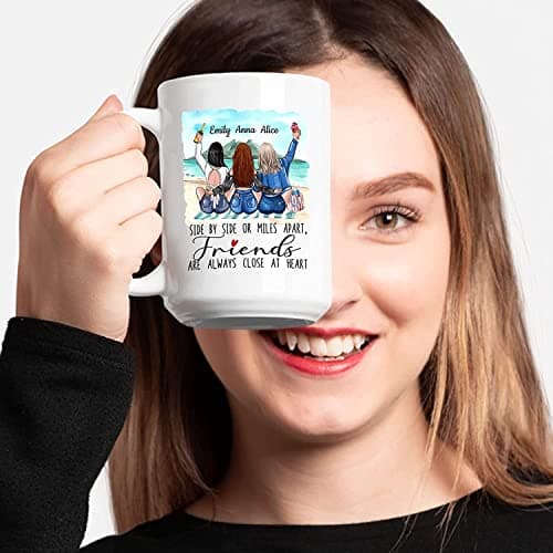 Elido Store Personalized 3 Friends Custom Mug, Side By Side Or Miles Apart Friends Are Always Close At Heart Coffee Mug Gifts For Women, Besties, Soul Sister, Friendship Mugs Custom Names 11oz, 15oz